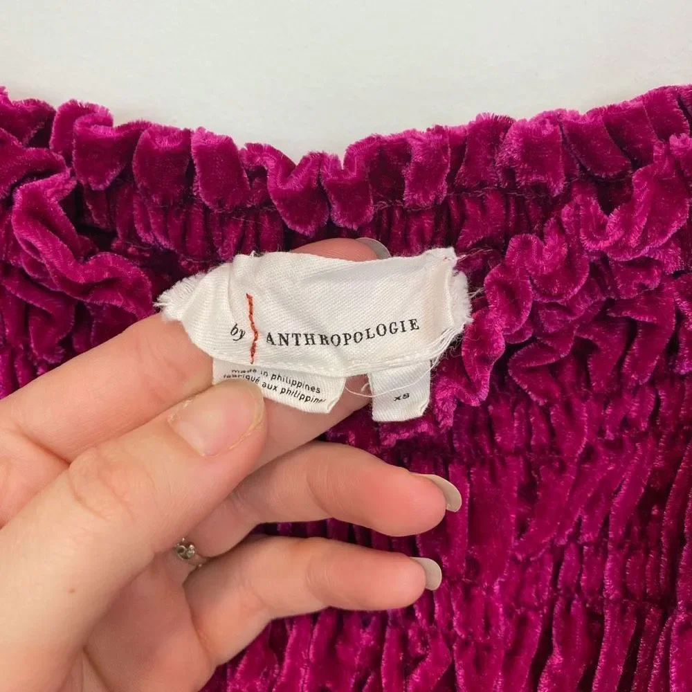 Anthropologie Magenta Pink Rose Smocked Velvet Puff Sleeve Peasant Blouse Ruffle - Picture 8 of 8